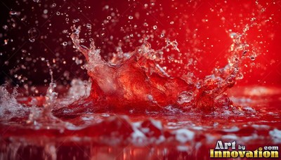 Red liquid splashes up into droplets under bright crimson light