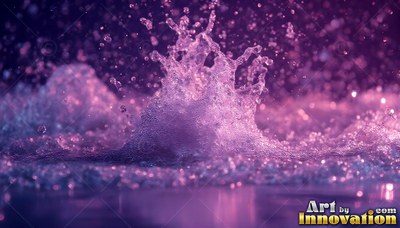 Shot at eye level, bright purple water splashes across a surface