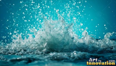 Bright turquoise water splashes up into tiny drops against a blue backdrop
