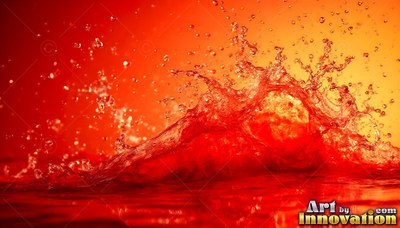 Against a vivid orange backdrop, red water splashes up into the air