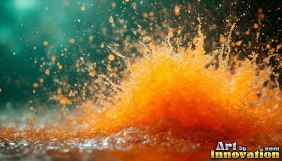 Splashing upward, bold orange water bursts against a dark teal background