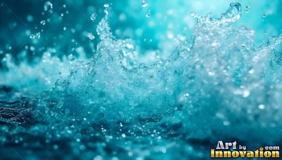 Blue water splashing up with drops frozen in bright light