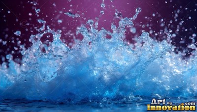 Foamy blue droplets from a water splash burst upward against a dark purple backdrop