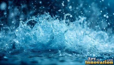 Water splashes upward into small droplets with bright blue light across the crest