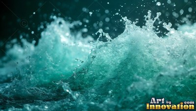 Surging upward in the dark ocean, splashing turquoise water