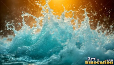 Foamy blue water splashes upward against a bright yellow sunset light
