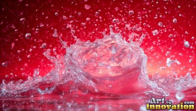 Against a bright red background, clear water splashes up in a crown of droplets