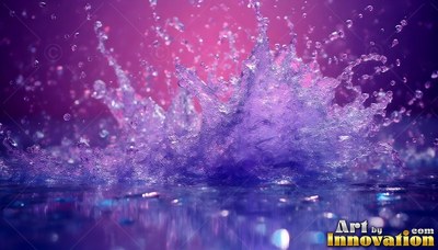 Splashing upward, purple water erupts in droplets over a dark surface