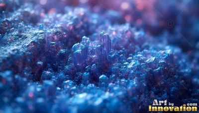 Blue ice crystals and frost under soft pink light