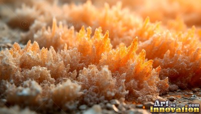 Spiky orange frost clusters rise from a sandy ground under warm morning sunlight