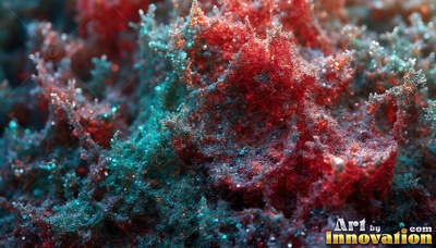 Frosty red crystals spread across a rough surface in soft teal light