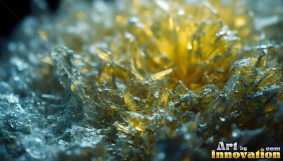 Close up on yellow crystals blooming in frosted ice