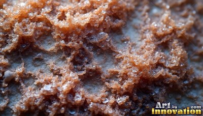 A close view of brown crystal salt crust over rough gray rock in soft light
