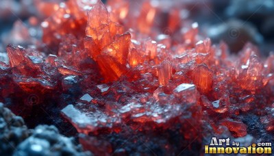 On dark rock, bright red crystals rise together under soft light