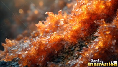 Spreading across dark rock, rough orange crystals catch the bright light