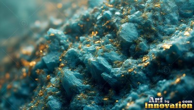 Blue mineral crystals covered in tiny gold flakes