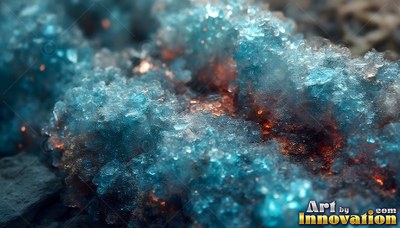 Rough blue ice crystals cover dark rock near warm orange sparks in the cracks