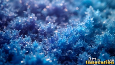 Blue ice crystals cluster together beneath soft bright points of light