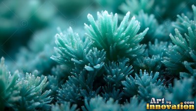 Close up at an angle, teal frost crystals form sharp pine-like clusters