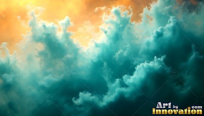 Puffy teal clouds rise into a soft orange and yellow sky