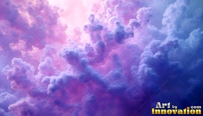 Drifting across the sky, purple and pink clouds billow under soft light