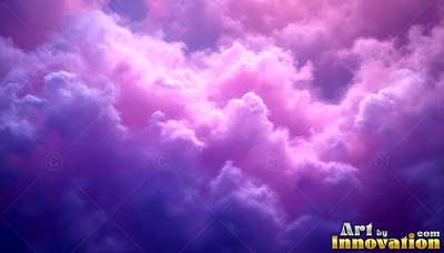 Fluffy clouds tinted bright pink and deep purple