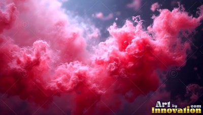 Pink clouds billow against a dark background under soft white light