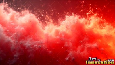 Thick red smoke rolls across the space with tiny bright specks floating around