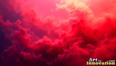 In a stormy sky, red clouds gather with bright yellow light above