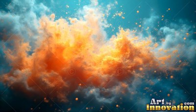 Swirling in bright water, yellow and orange clouds of powder scatter fine bubbles