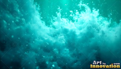White sea foam swirls underwater beneath bright turquoise ocean light