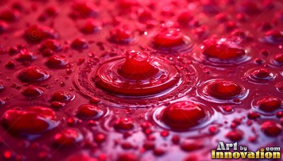 Red liquid droplets ripple across a flat surface under bright reflections