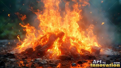 Seen low to the dark earth, a wood campfire burns with bright orange flames