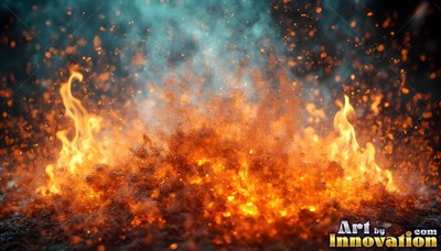 Vivid orange flames and hot sparks rise from a dark pile of ash