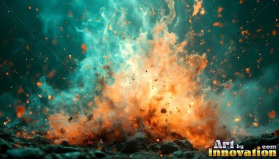 On dark ground, an explosion of orange dust rises into teal smoke
