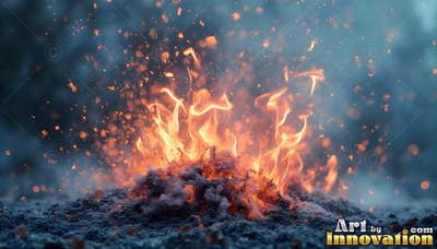 Rising from a snowy mound, orange flames throw bright sparks into dark air