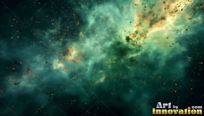 Green and gold clouds drifting with scattered dark specks in space