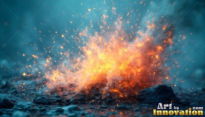 Bold orange sparks erupt from an explosion of fire on rough blue ground
