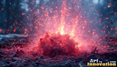 A mound of red ash bursts upward with sparks against a dark blue ground