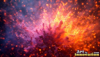 Exploding upward in midair, bright orange and pink powder bursts with sparks