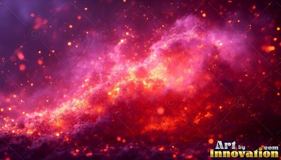 Pink smoke rises over burning red ground with bright sparks around it
