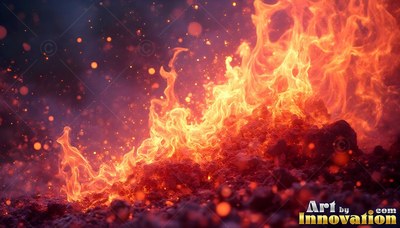 On dark rocky ground, brilliant orange fire rises with floating sparks