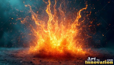 Bursting from the ground, bright orange fire flares upward against a dark blue background