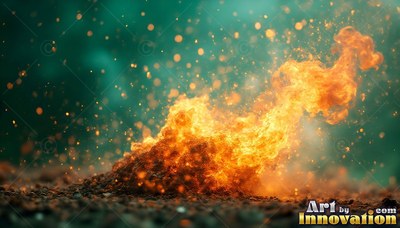 Fiery orange flames rise from dark gravel into a dark green background with sparks