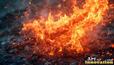 Bright fire sweeps across dark ground, scattering orange sparks into the air