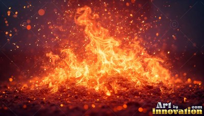 Seen at ground level, bright orange flames curl upward into the dark