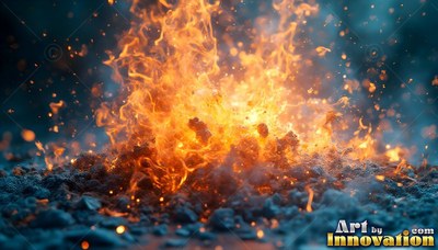 Bold orange flames burst from dark gravel with sparks in the air