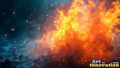 On dark rocky ground, bold orange fire burns with flying sparks