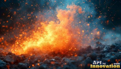 Rising from dark rocky ground, orange fire bursts with sparks into blue smoke