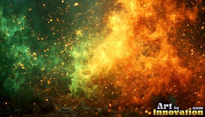 Sparks and bright smoke mixing in green and orange fire